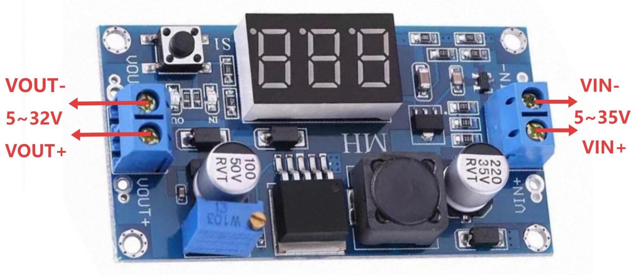 XL6009 Boost Adjustable Voltage Regulator Module with Digital Display Hardware Diagram